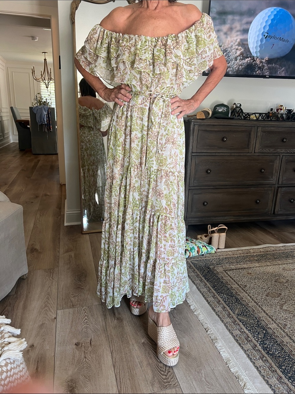 Misa Los Angeles Off-Shoulder Floral Midi Dress in Green and Cream